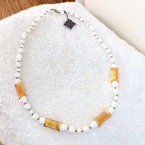 Vintage 1980s Lucien Piccard Designer White & Metallic Gold Tone Beaded Necklace